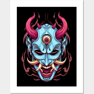 Japanese Blue Yokai Mask Posters and Art